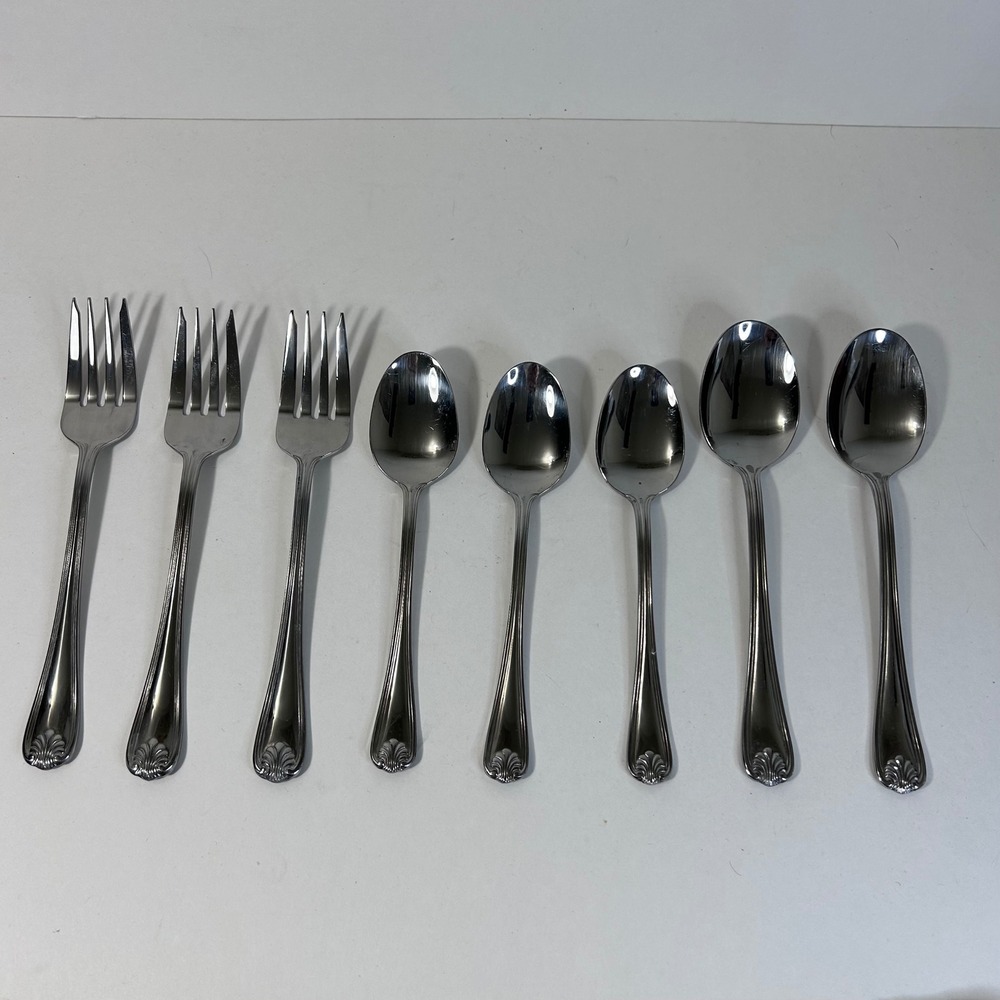 Pfaltzgraff Stainless Flatware Lot 8pc Forks Spoons Shell Pattern Indonesia